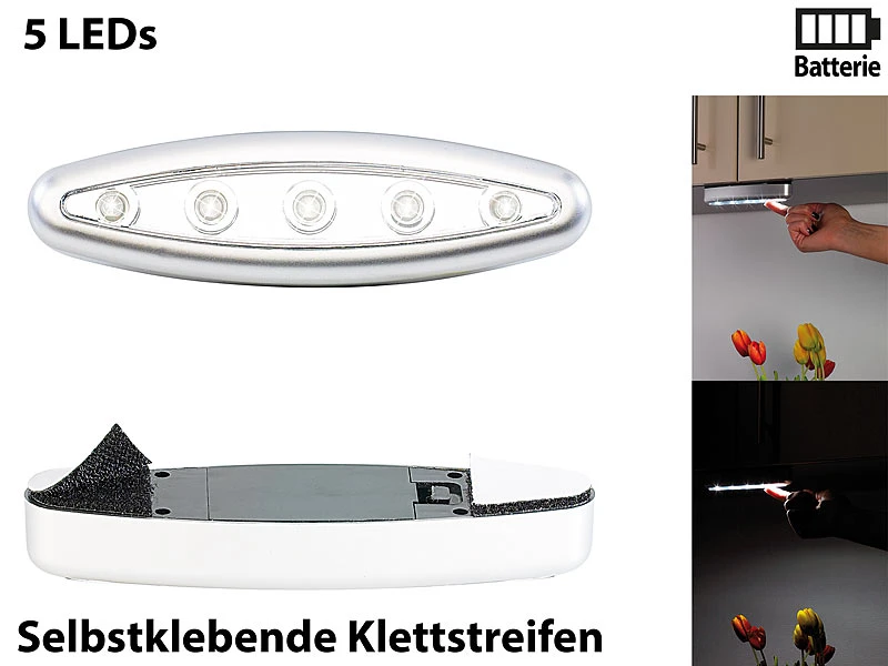 Lunartec Batterielampen:Stick-&-Push-Light "Silver Giant" Mit 5 Hellen LEDs 3 Lunartec Batterielampen:Stick-&-Push-Light "Silver Giant" Mit 5 Hellen LEDs