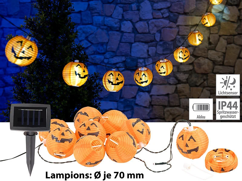 Lunartec Halloween Beleuchtung:2er-Set Solar-Lichterketten Mit 10 LED-Lampions, Halloween-Kürbis-Look 10 Lunartec Halloween Beleuchtung:2er-Set Solar-Lichterketten Mit 10 LED-Lampions, Halloween-Kürbis-Look – Bild 8