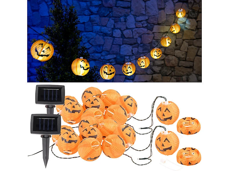 Lunartec Halloween Beleuchtung:2er-Set Solar-Lichterketten Mit 10 LED-Lampions, Halloween-Kürbis-Look 4 Lunartec Halloween Beleuchtung:2er-Set Solar-Lichterketten Mit 10 LED-Lampions, Halloween-Kürbis-Look – Bild 2