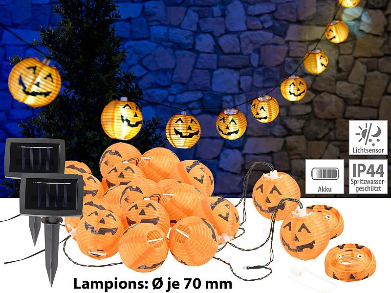 Lunartec Halloween Beleuchtung:2er-Set Solar-Lichterketten Mit 10 LED-Lampions, Halloween-Kürbis-Look 3 Lunartec Halloween Beleuchtung:2er-Set Solar-Lichterketten Mit 10 LED-Lampions, Halloween-Kürbis-Look