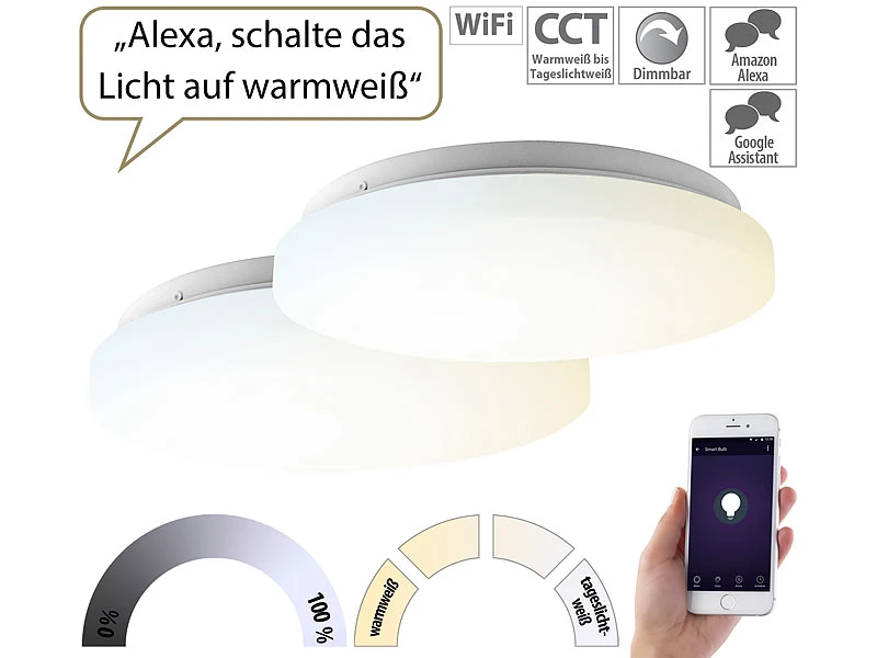 Luminea Home Control Deckenleuchte Wohnzimmer:2er-Set WLAN-LED-Deckenleuchten Für Amazon Alexa&Google Assistant, 24W 3 Luminea Home Control Deckenleuchte Wohnzimmer:2er-Set WLAN-LED-Deckenleuchten Für Amazon Alexa&Google Assistant, 24W