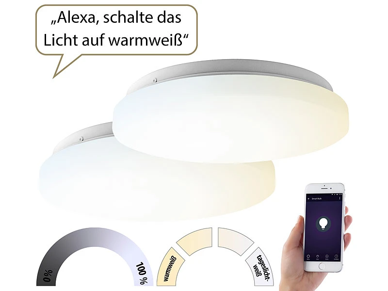 Luminea Home Control Deckenleuchte Wohnzimmer:2er-Set WLAN-LED-Deckenleuchten Für Amazon Alexa&Google Assistant, 24W 4 Luminea Home Control Deckenleuchte Wohnzimmer:2er-Set WLAN-LED-Deckenleuchten Für Amazon Alexa&Google Assistant, 24W – Bild 2