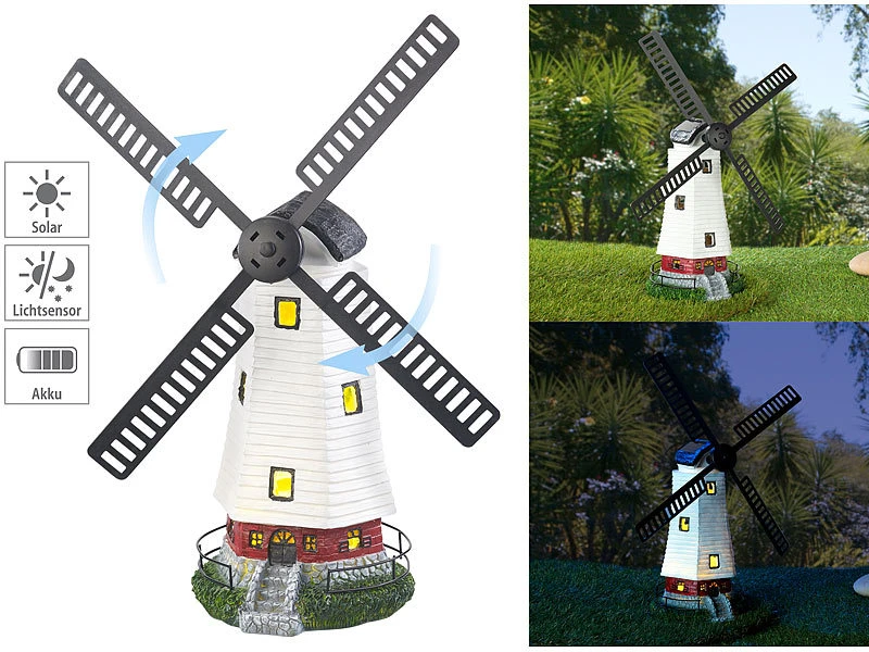 Lunartec Windrad Solar Garten:Solar-Deko-Windmühle Mit Drehendem Windrad & LED-Licht, 8-Stunden-Akku 3 Lunartec Windrad Solar Garten:Solar-Deko-Windmühle Mit Drehendem Windrad & LED-Licht, 8-Stunden-Akku