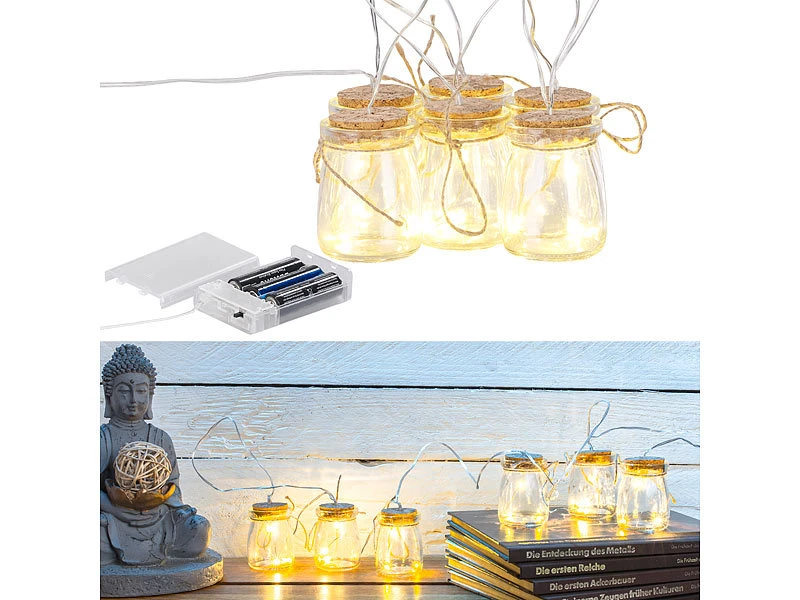Lunartec Flaschenlichterkette:LED-Silberdraht Mit 18 LEDs In 6 Deko-Gläsern, Batteriebetrieben 3 Lunartec Flaschenlichterkette:LED-Silberdraht Mit 18 LEDs In 6 Deko-Gläsern, Batteriebetrieben