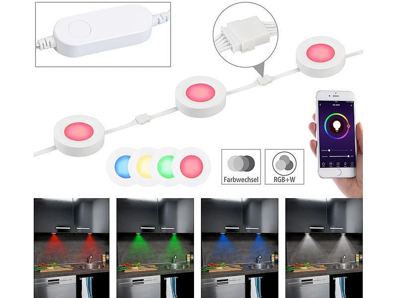 Lunartec Unterbauleuchten:7er-Set WLAN-Unterbau-LEDs, RGB+W, Für Amazon Alexa & Google Assistant 9 Lunartec Unterbauleuchten:7er-Set WLAN-Unterbau-LEDs, RGB+W, Für Amazon Alexa & Google Assistant – Bild 7