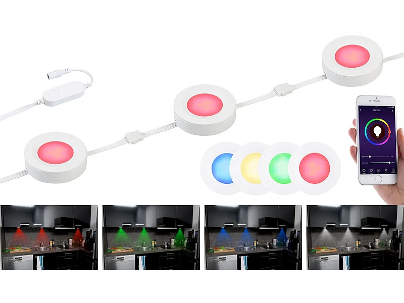 Lunartec Unterbauleuchten:7er-Set WLAN-Unterbau-LEDs, RGB+W, Für Amazon Alexa & Google Assistant 4 Lunartec Unterbauleuchten:7er-Set WLAN-Unterbau-LEDs, RGB+W, Für Amazon Alexa & Google Assistant – Bild 2