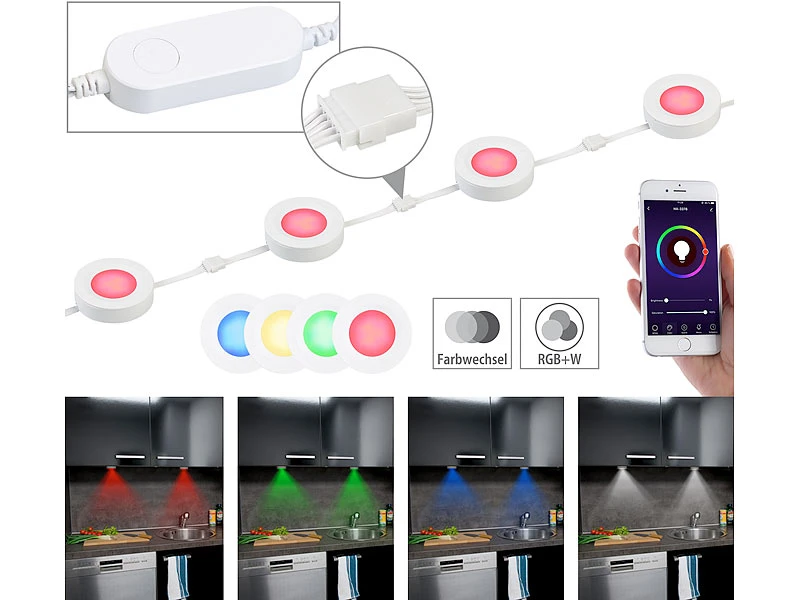 Lunartec Unterbauleuchten:7er-Set WLAN-Unterbau-LEDs, RGB+W, Für Amazon Alexa & Google Assistant 16 Lunartec Unterbauleuchten:7er-Set WLAN-Unterbau-LEDs, RGB+W, Für Amazon Alexa & Google Assistant – Bild 14
