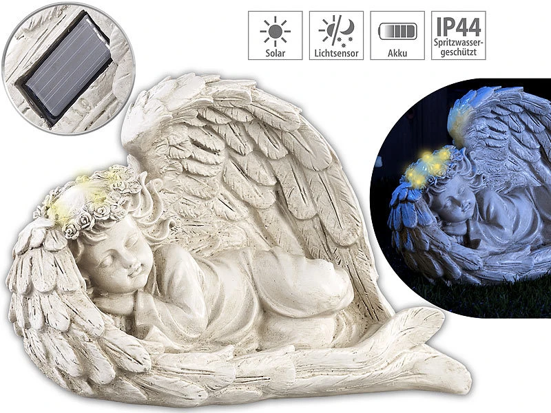 Lunartec Grablicht Solar Engel:Schlafende Solar-LED-Schutzengel-Figur, 16 Cm, Für Innen & Außen 3 Lunartec Grablicht Solar Engel:Schlafende Solar-LED-Schutzengel-Figur, 16 Cm, Für Innen & Außen