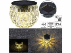 Lunartec Solar Tischleuchten:Solar-LED-Windlicht Liora, Mit Tollem Lichtmuster, Glas, IP44, Ø 8 Cm