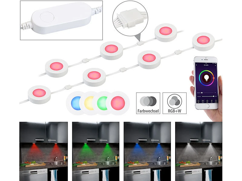 Lunartec Unterbauleuchten:7er-Set WLAN-Unterbau-LEDs, RGB+W, Für Amazon Alexa & Google Assistant 3 Lunartec Unterbauleuchten:7er-Set WLAN-Unterbau-LEDs, RGB+W, Für Amazon Alexa & Google Assistant