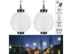 Lunartec Solarleuchten Garten:2er-Set Solar-LED-Lampion, Dämmerungs-Sensor, IP44, Warmweiß, 20 Cm Ø