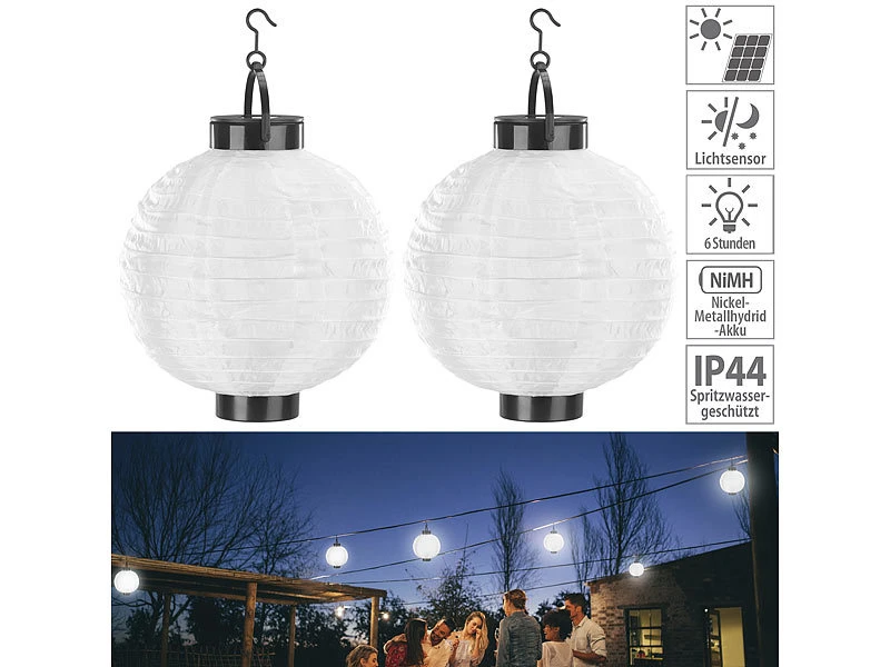 Lunartec Solarleuchten Garten:2er-Set Solar-LED-Lampion, Dämmerungs-Sensor, IP44, Warmweiß, 20 Cm Ø 3 Lunartec Solarleuchten Garten:2er-Set Solar-LED-Lampion, Dämmerungs-Sensor, IP44, Warmweiß, 20 Cm Ø