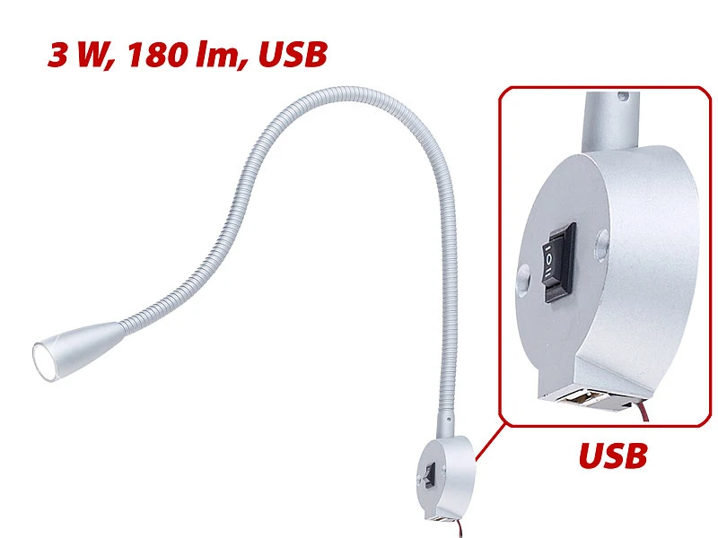 Lunartec Bett Mit USB Anschluss:LED-Bett- & Leseleuchte Mit Schwanenhals & USB-Ladebuchse, 3 W, 180 Lm 3 Lunartec Bett Mit USB Anschluss:LED-Bett- & Leseleuchte Mit Schwanenhals & USB-Ladebuchse, 3 W, 180 Lm