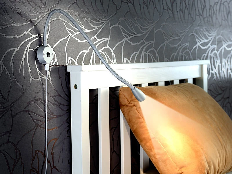 Lunartec Bett Mit USB Anschluss:LED-Bett- & Leseleuchte Mit Schwanenhals & USB-Ladebuchse, 3 W, 180 Lm 4 Lunartec Bett Mit USB Anschluss:LED-Bett- & Leseleuchte Mit Schwanenhals & USB-Ladebuchse, 3 W, 180 Lm – Bild 2