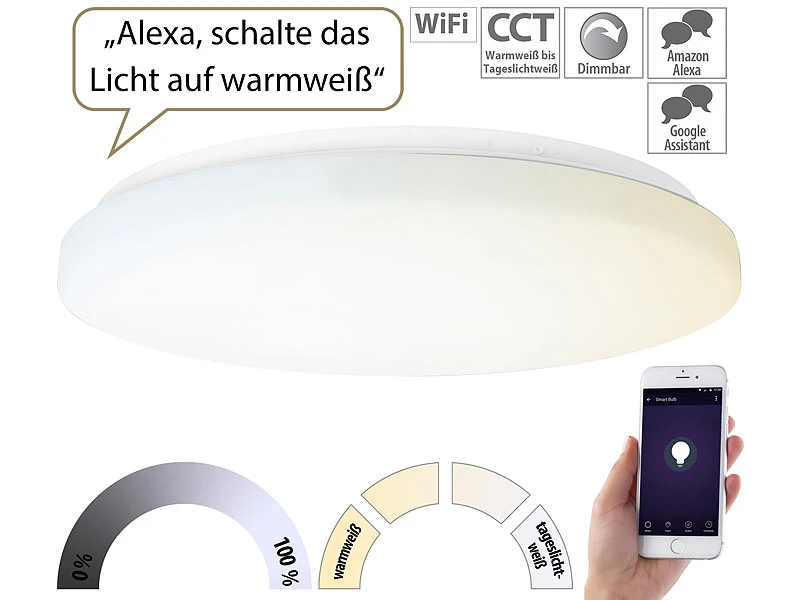 Luminea Home Control LED Deckenlampe Alexa:WLAN-LED-Deckenleuchte Für Amazon Alexa & Google Assistant, CCT, 36 W 4 Luminea Home Control LED Deckenlampe Alexa:WLAN-LED-Deckenleuchte Für Amazon Alexa & Google Assistant, CCT, 36 W – Bild 2