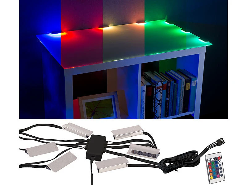 Lunartec LED Leiste:2er-Set LED-Glasbodenbeleuchtungen: 12 Klammern Mit 36 RGB-LEDs 14 Lunartec LED Leiste:2er-Set LED-Glasbodenbeleuchtungen: 12 Klammern Mit 36 RGB-LEDs – Bild 12