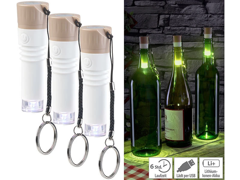 Lunartec Weinflaschen Beleuchtung:3er-Set LED-Weinflaschen-Lichter Mit Weißem Licht, Per USB Ladbar 3 Lunartec Weinflaschen Beleuchtung:3er-Set LED-Weinflaschen-Lichter Mit Weißem Licht, Per USB Ladbar