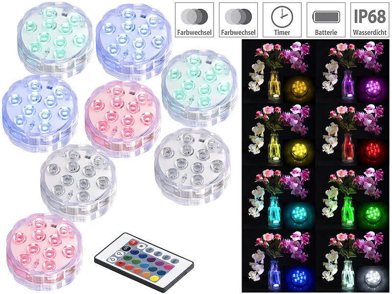 Lunartec Poolbeleuchtung:8er-Set RGB-LED-Unterwasserleuchten Mit Fernbedienung, IP68 3 Lunartec Poolbeleuchtung:8er-Set RGB-LED-Unterwasserleuchten Mit Fernbedienung, IP68