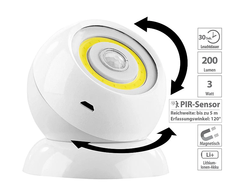 Lunartec LED Akku Lampe:2er-Set Ultrahelle COB-LED-Akku-Leuchten Mit PIR Sensor, 200 Lm, Weiß 6 Lunartec LED Akku Lampe:2er-Set Ultrahelle COB-LED-Akku-Leuchten Mit PIR Sensor, 200 Lm, Weiß – Bild 4