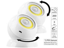Lunartec LED Akku Lampe:2er-Set Ultrahelle COB-LED-Akku-Leuchten Mit PIR Sensor, 200 Lm, Weiß