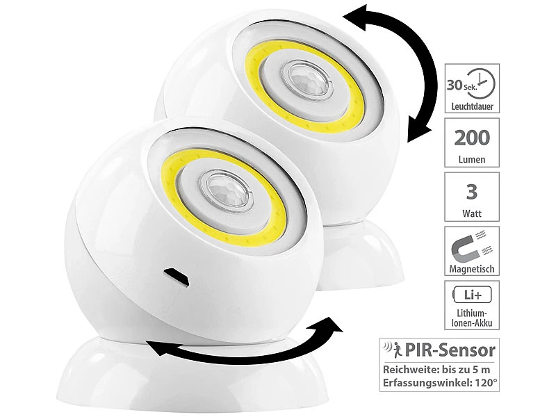 Lunartec LED Akku Lampe:2er-Set Ultrahelle COB-LED-Akku-Leuchten Mit PIR Sensor, 200 Lm, Weiß 3 Lunartec LED Akku Lampe:2er-Set Ultrahelle COB-LED-Akku-Leuchten Mit PIR Sensor, 200 Lm, Weiß