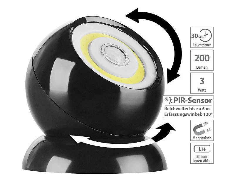 Lunartec Kabellose Lampen:2er-Set Ultrahelle COB-LED-Akku-Leuchten, PIR Sensor, 200 Lm, Schwarz 6 Lunartec Kabellose Lampen:2er-Set Ultrahelle COB-LED-Akku-Leuchten, PIR Sensor, 200 Lm, Schwarz – Bild 4