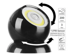 Luminea Akku Strahler:Ultrahelle COB-LED-Akku-Leuchte Mit PIR-Sensor, 200 Lumen, Schwarz