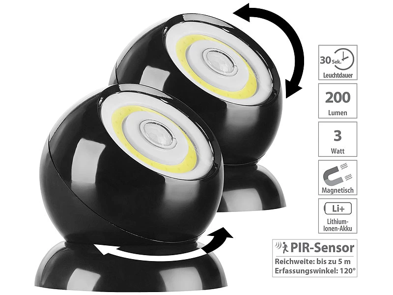 Lunartec Kabellose Lampen:2er-Set Ultrahelle COB-LED-Akku-Leuchten, PIR Sensor, 200 Lm, Schwarz 3 Lunartec Kabellose Lampen:2er-Set Ultrahelle COB-LED-Akku-Leuchten, PIR Sensor, 200 Lm, Schwarz