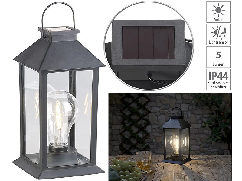 Lunartec Solar Laterne Outdoor:Solar-Laterne Mit LED-Glühbirne, Dämmerungs-Sensor & Akku, 5 Lm, IP44 3 Lunartec Solar Laterne Outdoor:Solar-Laterne Mit LED-Glühbirne, Dämmerungs-Sensor & Akku, 5 Lm, IP44