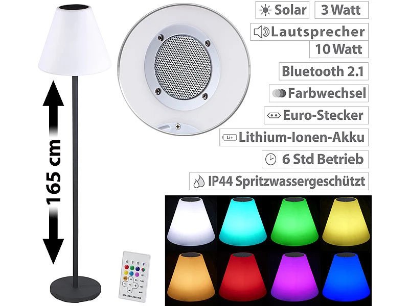 Lunartec Stehlampe Mit Musik:Solar-LED-Stehleuchte, Lautsprecher, Bluetooth, 7 Farben, 50 Lm, 2,4 W 3 Lunartec Stehlampe Mit Musik:Solar-LED-Stehleuchte, Lautsprecher, Bluetooth, 7 Farben, 50 Lm, 2,4 W