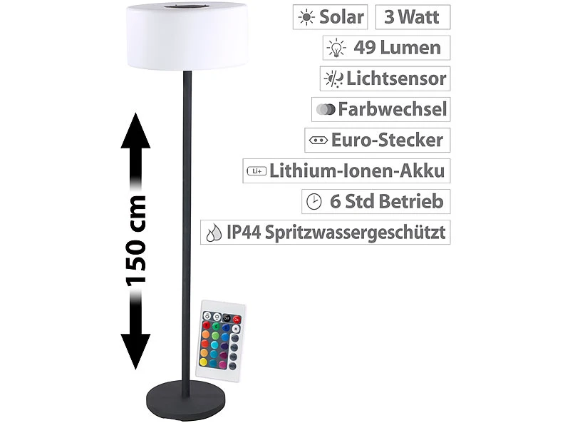 Lunartec Solar Stehlampe Outdoor:Solar-LED-Stehleuchte, Lichtsensor, 16 Farben, 50 Lm, 2,4 W, IP44 3 Lunartec Solar Stehlampe Outdoor:Solar-LED-Stehleuchte, Lichtsensor, 16 Farben, 50 Lm, 2,4 W, IP44