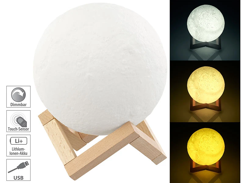 Lunartec Mondlampe:Deko-Mond-Leuchte Mit LED, Touchbedienung, Akku, 3 Farben, Ø 15 Cm 3 Lunartec Mondlampe:Deko-Mond-Leuchte Mit LED, Touchbedienung, Akku, 3 Farben, Ø 15 Cm
