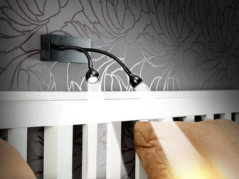 Lunartec Bettleuchte Schwanenhals:LED-Bett- Und Lese-Doppel-Leuchte Mit Schwanenhals, Wandmontage, 2 W 5 Lunartec Bettleuchte Schwanenhals:LED-Bett- Und Lese-Doppel-Leuchte Mit Schwanenhals, Wandmontage, 2 W – Bild 3