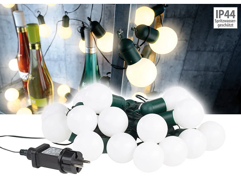 Lunartec Lichterkette Glühbirne:LED-Lichterkette Mit 20 Lämpchen, 1,2 Watt, Warmweiß, 475 Cm, IP44 3 Lunartec Lichterkette Glühbirne:LED-Lichterkette Mit 20 Lämpchen, 1,2 Watt, Warmweiß, 475 Cm, IP44