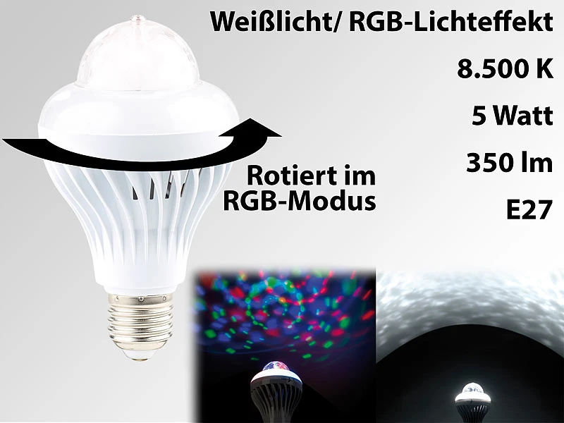Lunartec Discolampe:Rotierende Disco-LED-Lampe, Galaxie-Effekt, Weißlichtmodus, E27, 5 W 3 Lunartec Discolampe:Rotierende Disco-LED-Lampe, Galaxie-Effekt, Weißlichtmodus, E27, 5 W