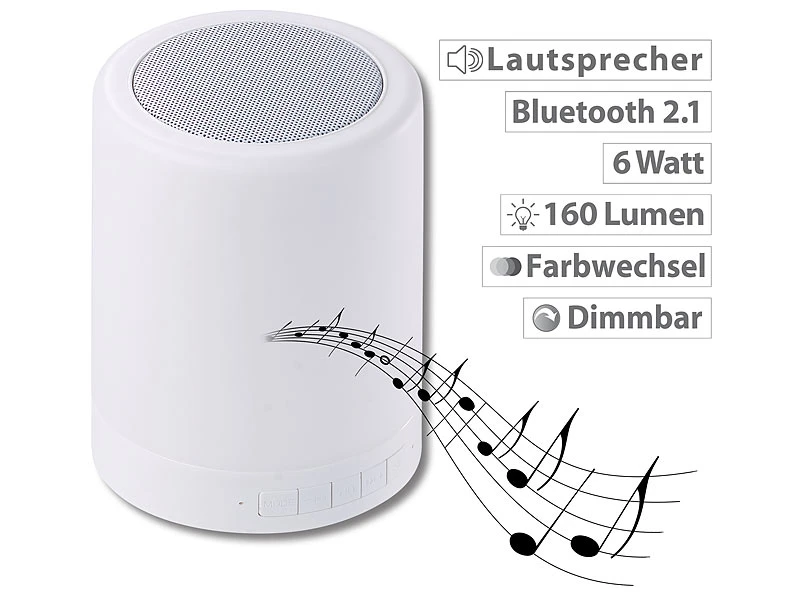 Lunartec Bluetooth Tischlampe:2in1-Lautsprecher, Bluetooth, Akku, LED-Tischleuchte 6 Watt, 160 Lumen 3 Lunartec Bluetooth Tischlampe:2in1-Lautsprecher, Bluetooth, Akku, LED-Tischleuchte 6 Watt, 160 Lumen