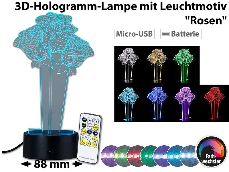 Lunartec 3D Lichter:3D-Hologramm-Lampe Mit Leuchtmotiv "Rosen", 7-farbig 3 Lunartec 3D Lichter:3D-Hologramm-Lampe Mit Leuchtmotiv "Rosen", 7-farbig