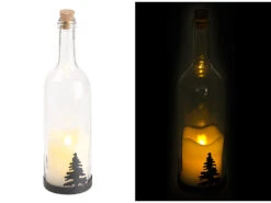 Lunartec LED Flaschen:Deko-Glasflasche Mit LED-Kerze, Bewegliche Flamme, Timer, Tannen-Motiv