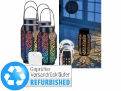 Lunartec Solar Laterne Vintage:4er Set Smarte Solar-Laterne, RGB-CCT-LEDs, Gateway, Versandrückläufer