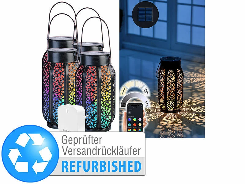 Lunartec Solar Laterne Vintage:4er Set Smarte Solar-Laterne, RGB-CCT-LEDs, Gateway, Versandrückläufer 3 Lunartec Solar Laterne Vintage:4er Set Smarte Solar-Laterne, RGB-CCT-LEDs, Gateway, Versandrückläufer