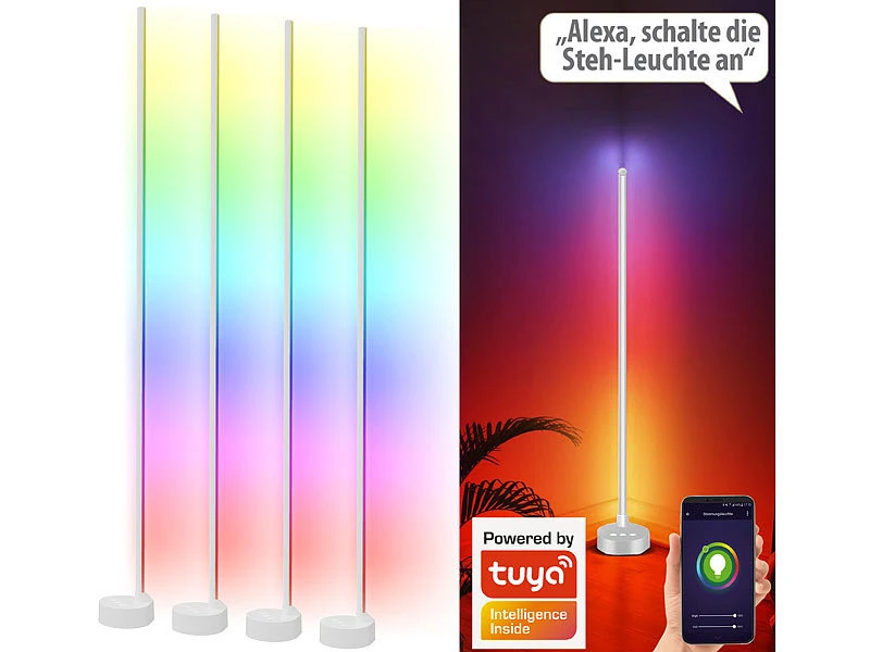 Luminea Home Control Eck Stehlampe:4er-Set WLAN-Steh-/Eck-Leuchten Mit RGB-CCT-IC-LEDs, 12W, Dimmbar, App 4 Luminea Home Control Eck Stehlampe:4er-Set WLAN-Steh-/Eck-Leuchten Mit RGB-CCT-IC-LEDs, 12W, Dimmbar, App – Bild 2