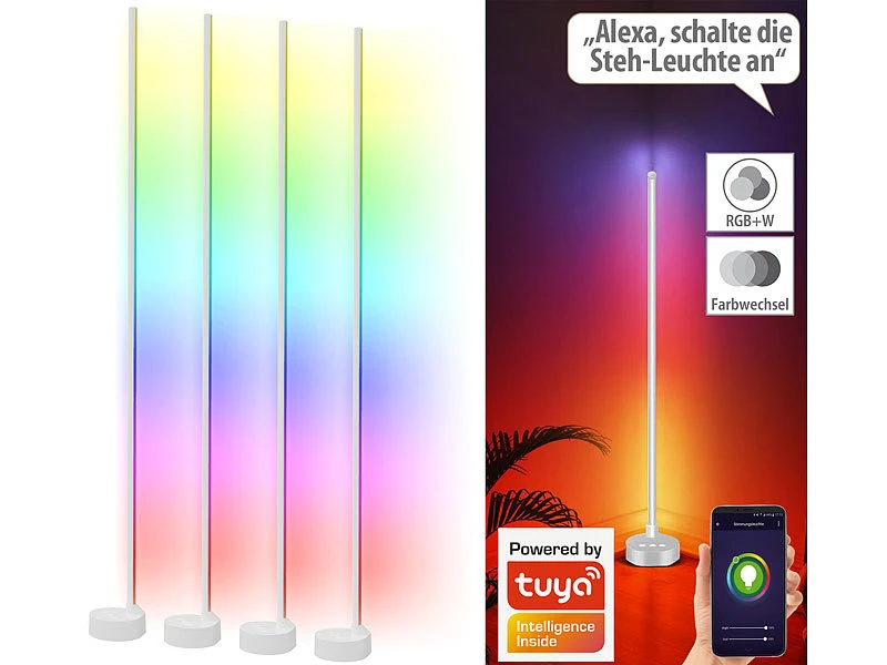Luminea Home Control Eck Stehlampe:4er-Set WLAN-Steh-/Eck-Leuchten Mit RGB-CCT-IC-LEDs, 12W, Dimmbar, App 3 Luminea Home Control Eck Stehlampe:4er-Set WLAN-Steh-/Eck-Leuchten Mit RGB-CCT-IC-LEDs, 12W, Dimmbar, App