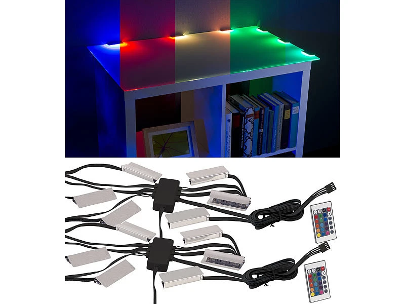 Lunartec LED Leiste:2er-Set LED-Glasbodenbeleuchtungen: 12 Klammern Mit 36 RGB-LEDs 3 Lunartec LED Leiste:2er-Set LED-Glasbodenbeleuchtungen: 12 Klammern Mit 36 RGB-LEDs