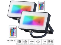 Luminea RGB LED Fluter:2er-Set Wetterfeste RGBW-LED-Fluter Mit Fernbedienung, 10 W, 750 Lm