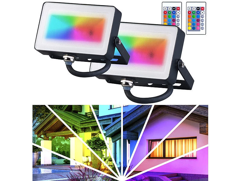 Luminea RGB LED Fluter:2er-Set Wetterfeste RGBW-LED-Fluter Mit Fernbedienung, 10 W, 750 Lm 4 Luminea RGB LED Fluter:2er-Set Wetterfeste RGBW-LED-Fluter Mit Fernbedienung, 10 W, 750 Lm – Bild 2