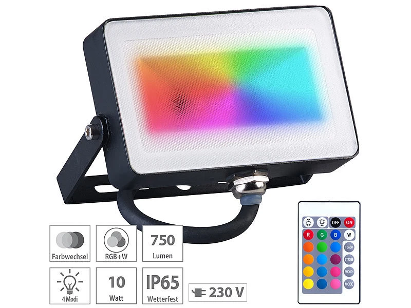 Luminea RGB LED Fluter:2er-Set Wetterfeste RGBW-LED-Fluter Mit Fernbedienung, 10 W, 750 Lm 17 Luminea RGB LED Fluter:2er-Set Wetterfeste RGBW-LED-Fluter Mit Fernbedienung, 10 W, 750 Lm – Bild 15