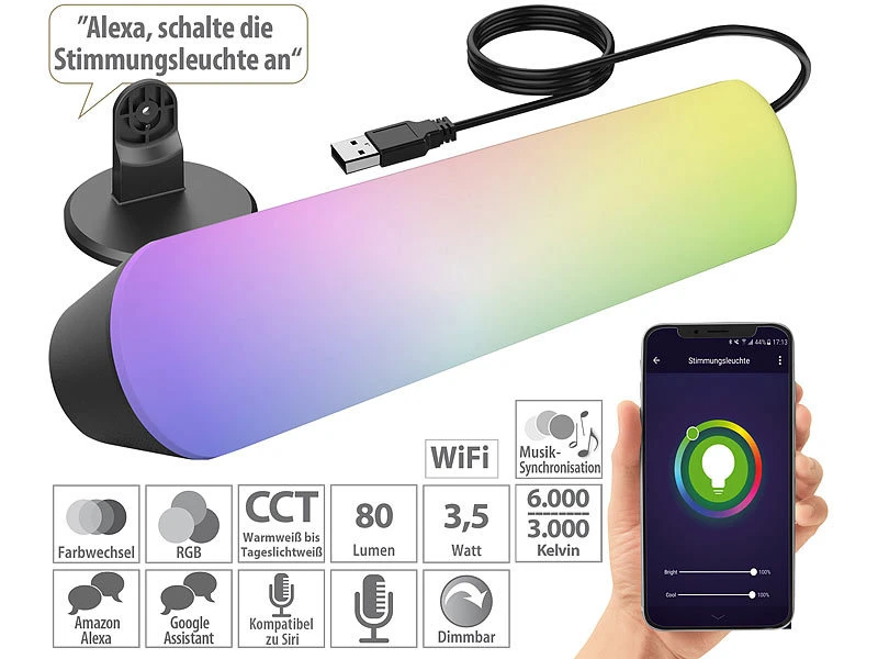Luminea Home Control LED Farbwechsler:4er-Set WLAN-USB-Stimmungsleuchte Mit RGB+CCT-LEDs, App, 80 Lm, 3,5 W 10 Luminea Home Control LED Farbwechsler:4er-Set WLAN-USB-Stimmungsleuchte Mit RGB+CCT-LEDs, App, 80 Lm, 3,5 W – Bild 8