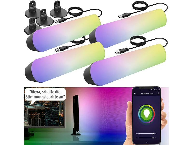 Luminea Home Control LED Farbwechsler:4er-Set WLAN-USB-Stimmungsleuchte Mit RGB+CCT-LEDs, App, 80 Lm, 3,5 W 4 Luminea Home Control LED Farbwechsler:4er-Set WLAN-USB-Stimmungsleuchte Mit RGB+CCT-LEDs, App, 80 Lm, 3,5 W – Bild 2