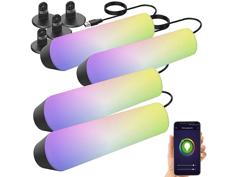 Luminea Home Control LED Farbwechsler:4er-Set WLAN-USB-Stimmungsleuchte Mit RGB+CCT-LEDs, App, 80 Lm, 3,5 W 5 Luminea Home Control LED Farbwechsler:4er-Set WLAN-USB-Stimmungsleuchte Mit RGB+CCT-LEDs, App, 80 Lm, 3,5 W – Bild 3