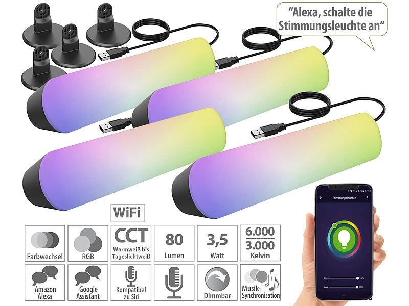 Luminea Home Control LED Farbwechsler:4er-Set WLAN-USB-Stimmungsleuchte Mit RGB+CCT-LEDs, App, 80 Lm, 3,5 W 3 Luminea Home Control LED Farbwechsler:4er-Set WLAN-USB-Stimmungsleuchte Mit RGB+CCT-LEDs, App, 80 Lm, 3,5 W